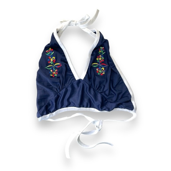 Vintage Tops - Vintage 1970s Embroidered floral halter top in navy blue contrast white straps